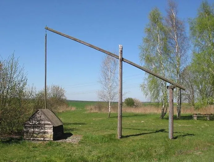 Technical monument Draw well nearby Wahlsdorf, 12th century, reconstructed. The village Wahlsdorf is a part of the municipality Wörpen in the Nature park Fläming in the district Wittenberg, state Saxony-Anhalt, Germany.