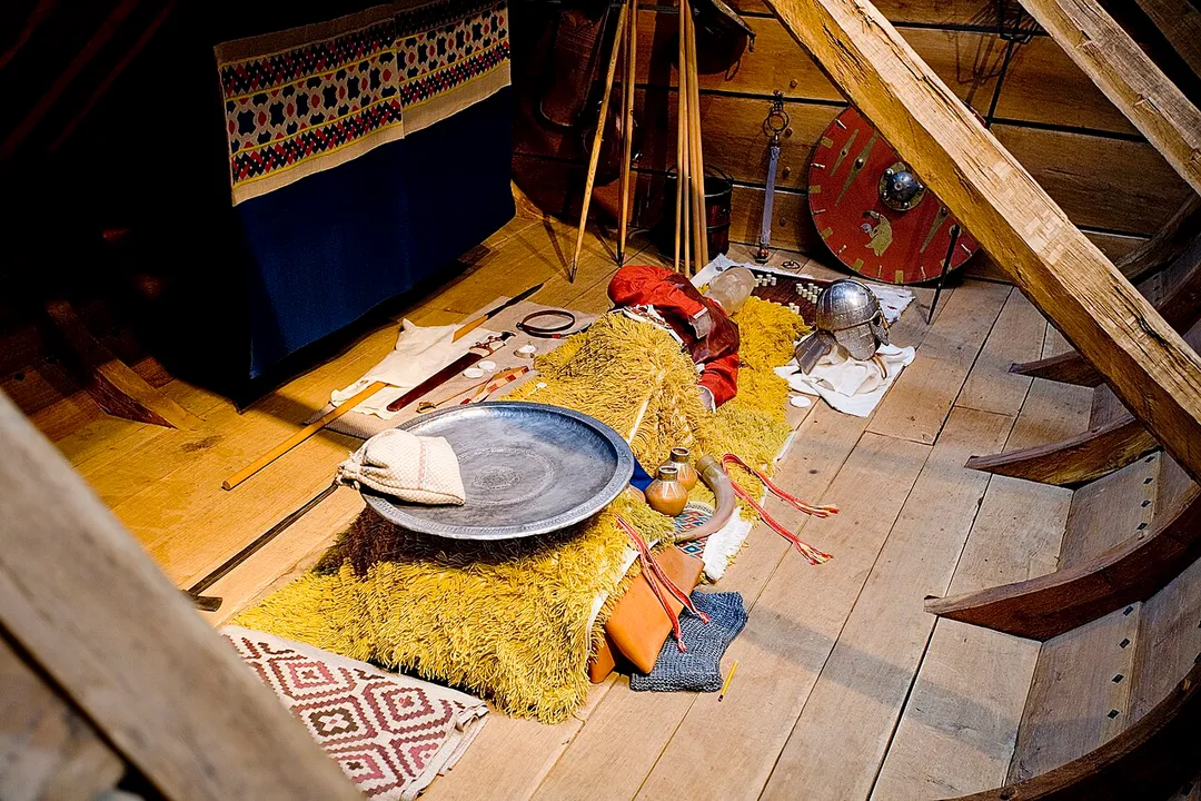 Burial chamber of the Sutton Hoo ship-burial 1, England. Reconstruction shown in the Sutton Hoo Exhibition Hall.
