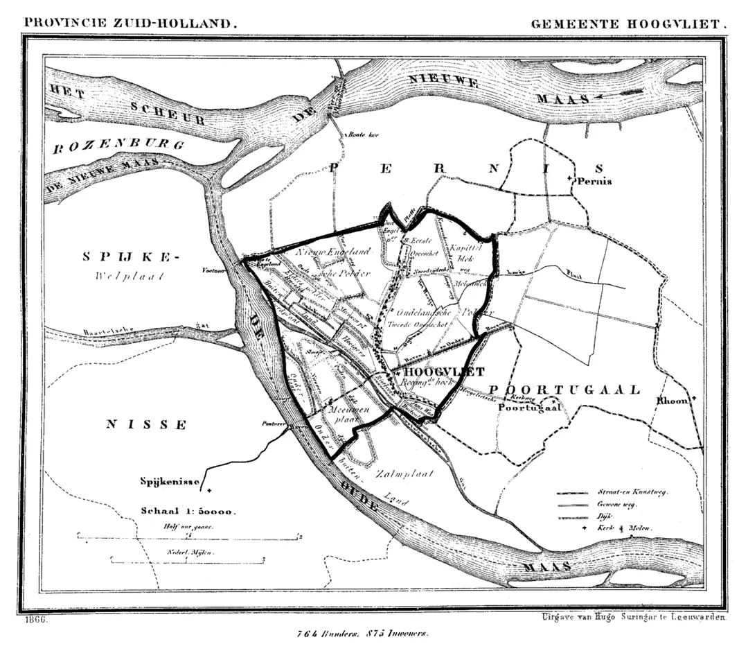 Historic map of Hoogvliet (now part of municipality Rotterdam), South Holland, the Netherlands