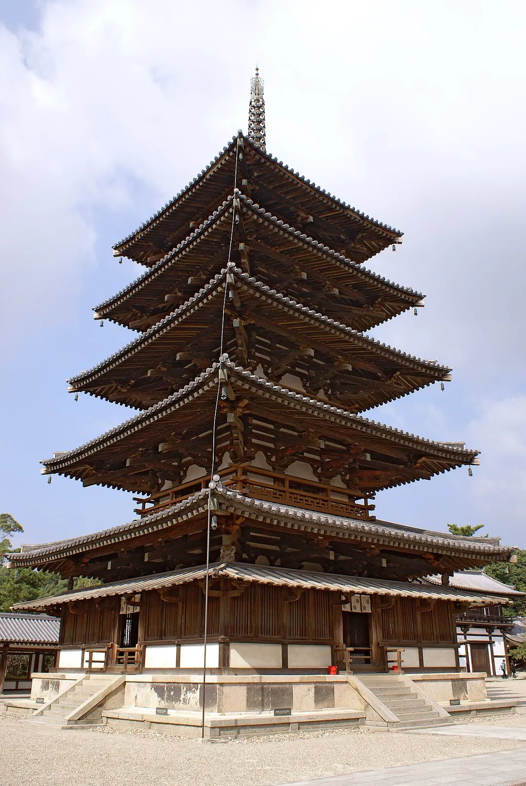 Five-storied Pagoda of Hōryū-ji is a Japan's National Treasure. Hōryū-ji is a Buddhist temple in Ikaruga, Nara prefecture, Japan. It was registered as part of the UNESCO World Heritage Site "Buddhist Monuments in the Hōryū-ji Area".