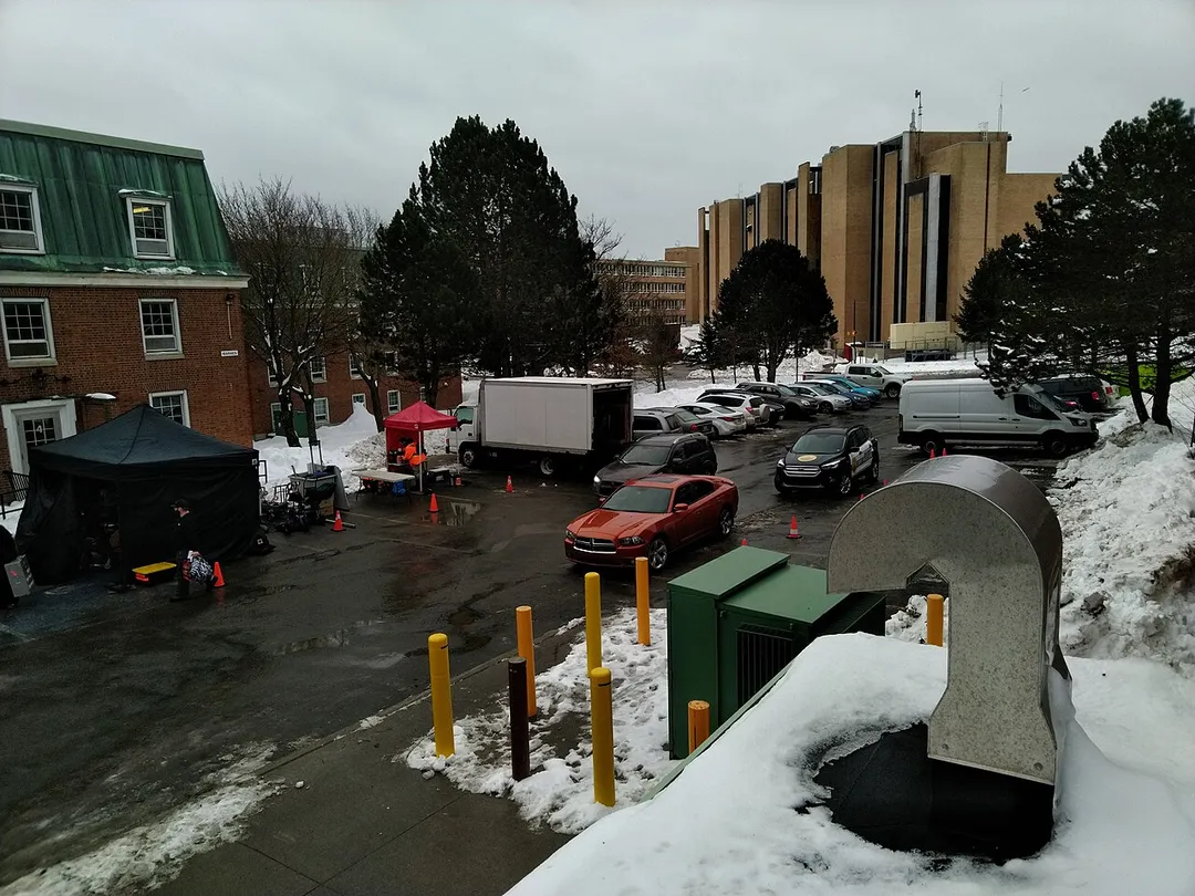 Hudson and Rex filming on site at Paton College, Memorial University of Newfoundland. Taken 2018.12.15.