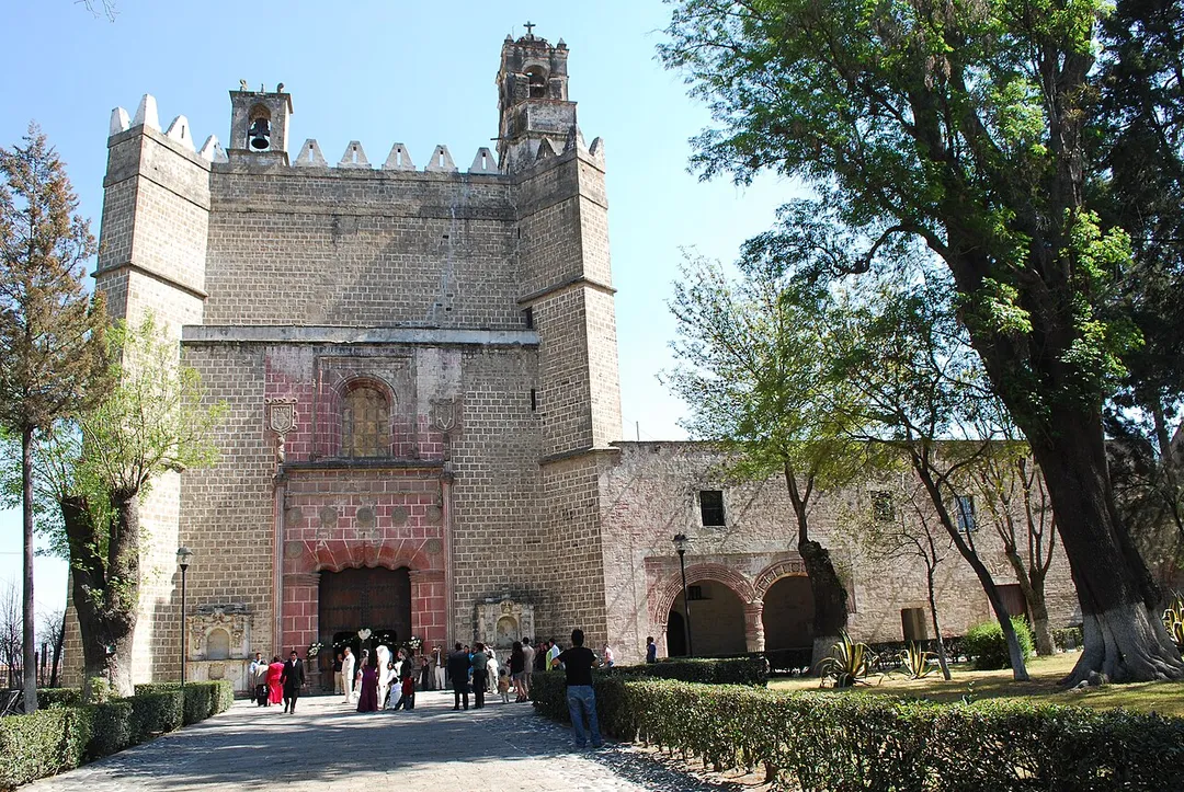 Facade of church and cloister of San Miguel Arcangel in Huejotzingo, Puebla, Mexico
