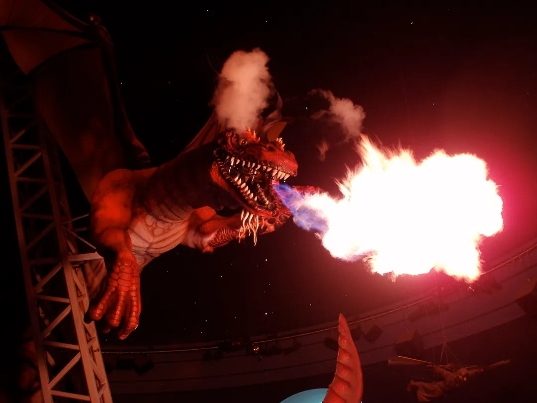 This is an animatronic fire-breathing dragon, suspended above the concourse at Scotiabank Theatre in West Edmonton Mall, Alberta, Canada.