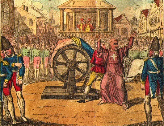 "The cruel death of Calas, who was broke on the wheel at Toulouse, March 9th, 1762." Frontispiece of an English chapbook.