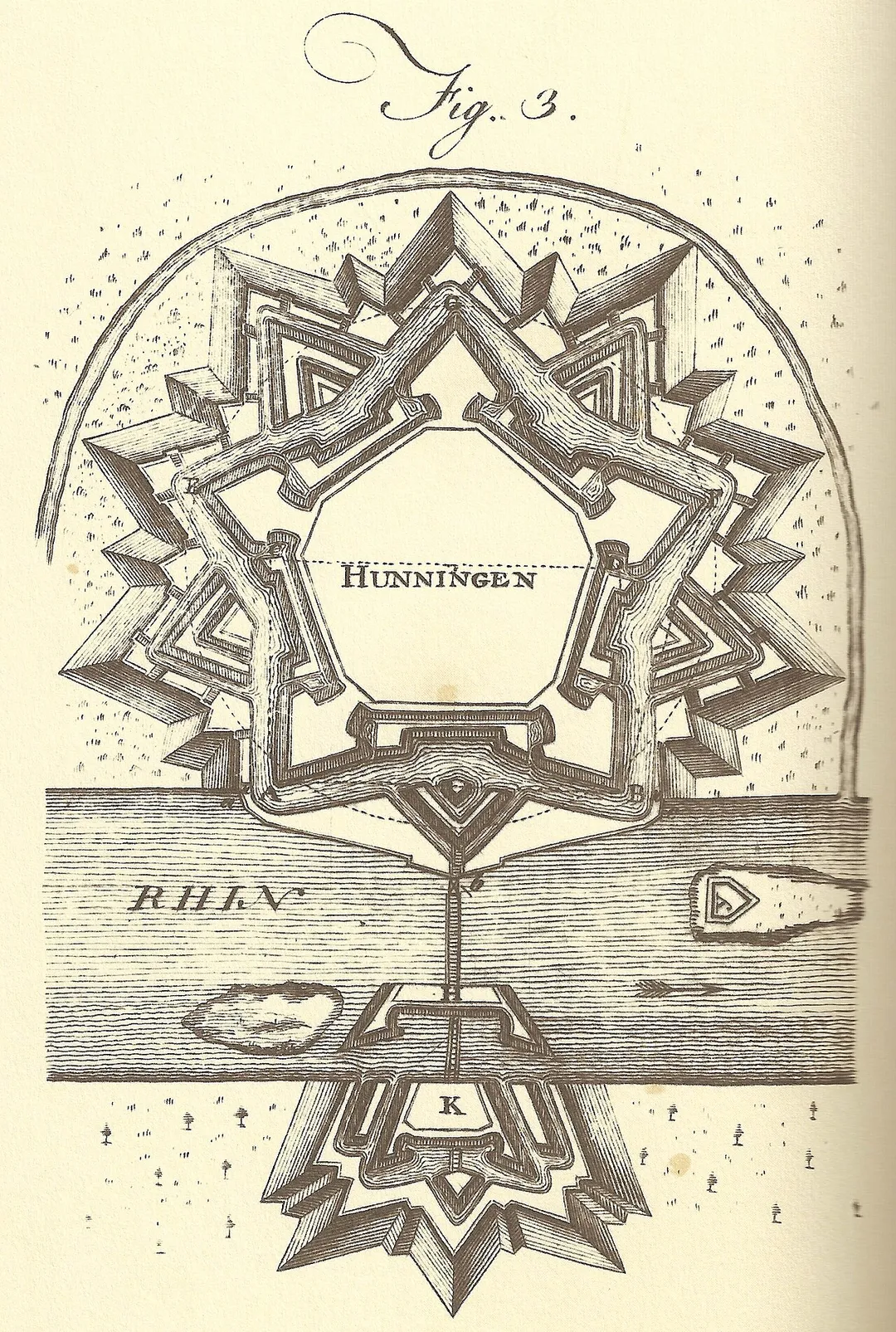The intricate defences designed by the French military engineer Vauban, during the reign of Louis XIV, to defend Huningue (Hüningen) on the Rhine.