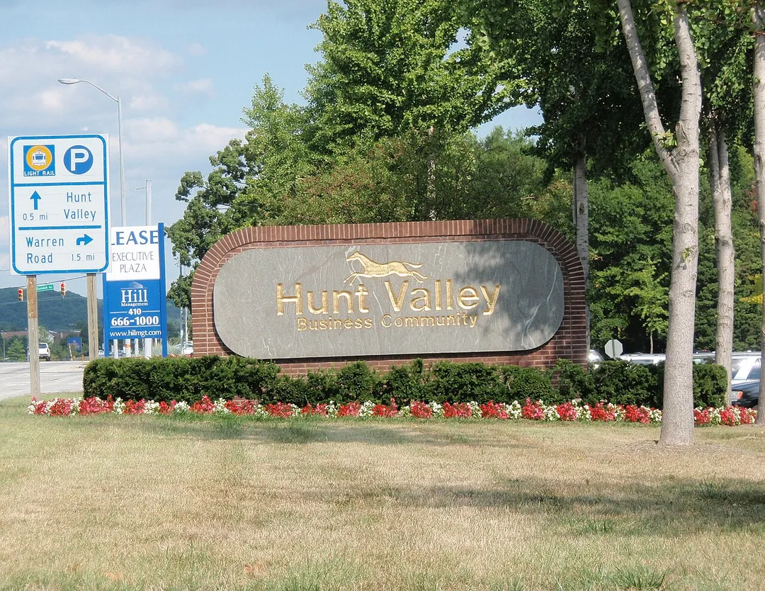 Welcome sign at the entrance to the Hunt Valley Business Community in Cockeysville-Hunt Valley.