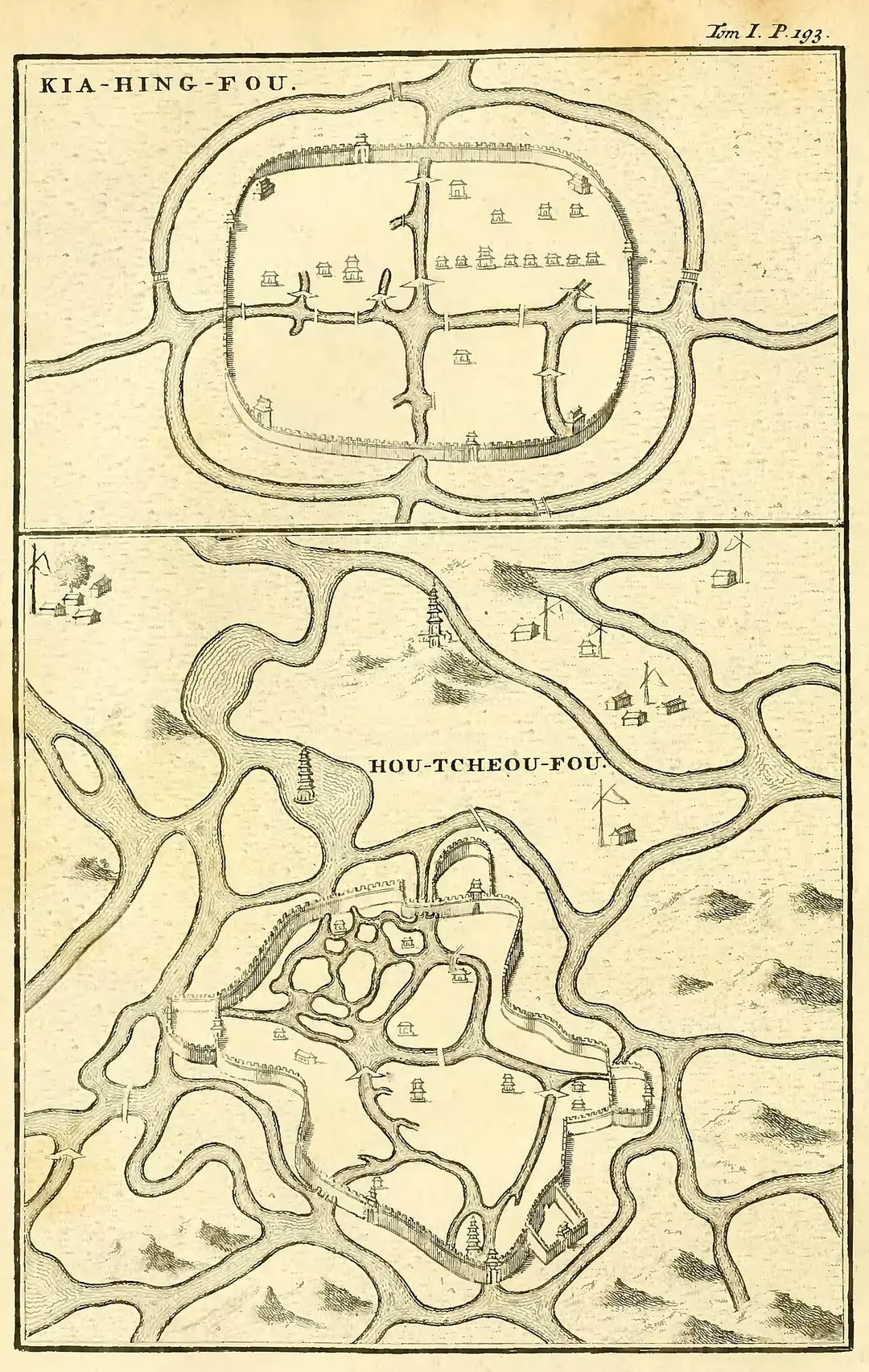 An engraving from La Haye's edition of Du Halde's Description of China, Vol. I, p. 193. Maps of Jiaxingfu (嘉兴府) and Huzhoufu (湖州府) in northern Zhejiang, China.