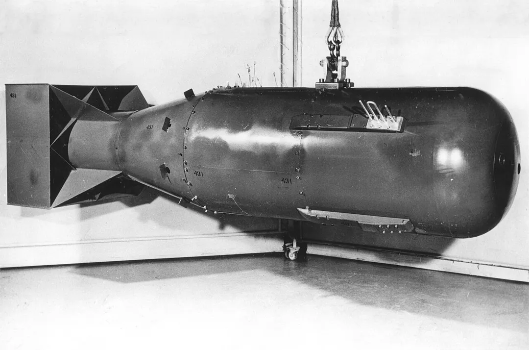 Photograph of a Little Boy nuclear bomb, the same type of weapon dropped on Hiroshima, Japan, in August 1945. This was the first photograph of a Little Boy bomb casing to ever be released by the U.S. government (it was declassified in 1960). This photograph is of a postwar Little Boy unit, and is not the exact bomb dropped over Japan.