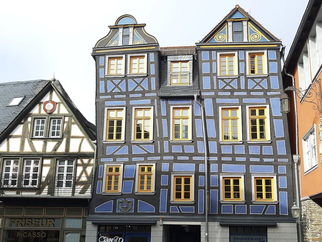 Idstein, Blaues Haus,  timber framwork house with blue walls housing the municipal administration