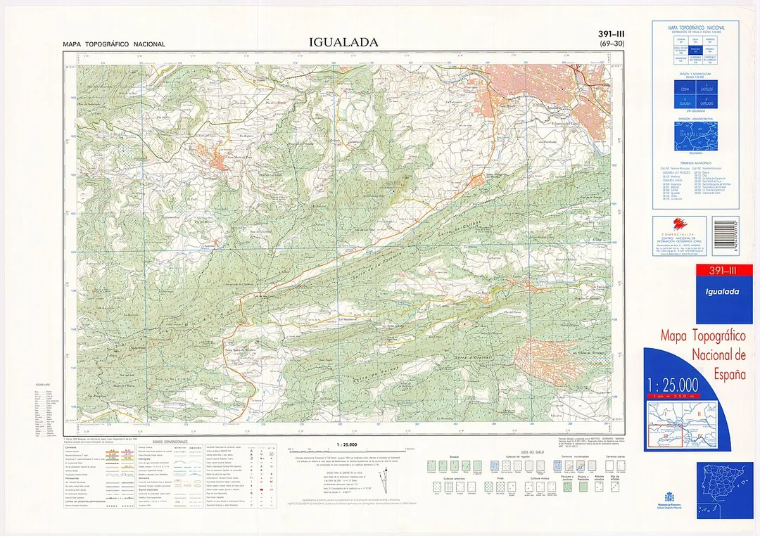 Fragment 0391c3 of the National Topographic Map of Spain in 2001 at a scale of 1:25000 printed and scanned with a resolution of 250 ppi. It shows Igualada.