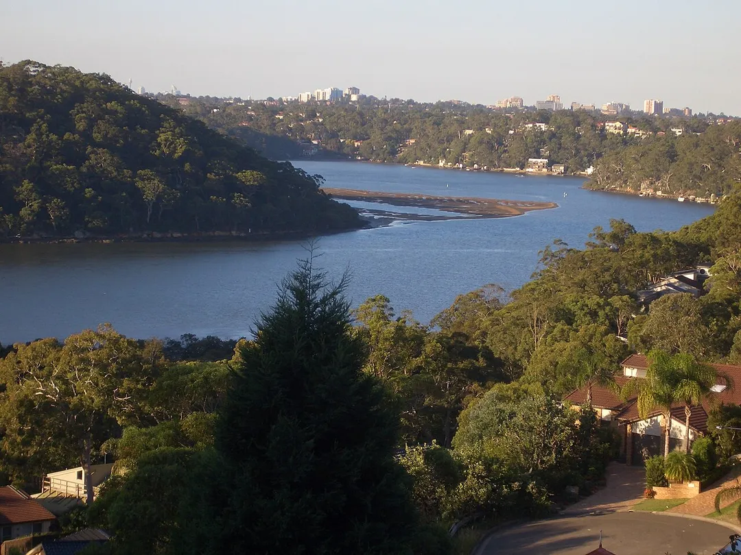 Illawong, view of Georges River from Illawong. Across the water, Oatley Park is on left and Jewfish Bay and Oatley are in the centre. A shoal that was once used for oyster farming is in centre.