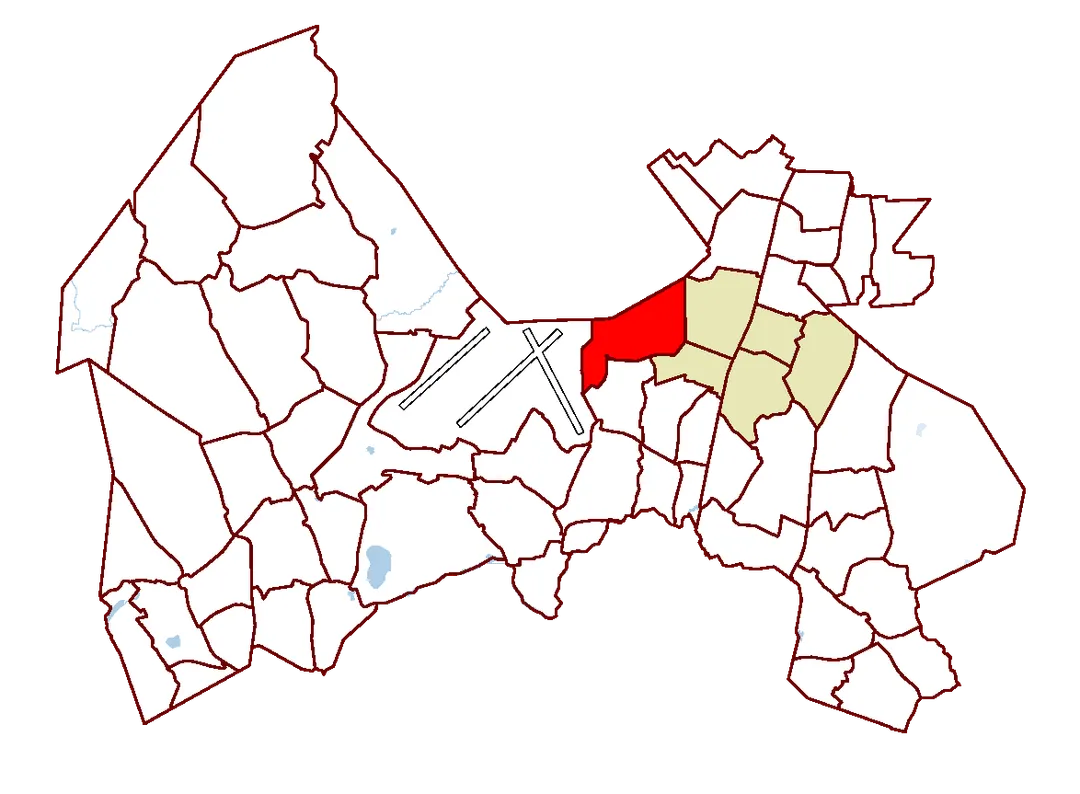 District of Ilola (marked red), within Koivukylä service area (marked light brown) in Vantaa, Finland