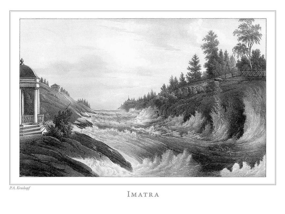 Imatra, litografi av Pehr Adolf Kruskopf (1805-1852) publicerad i Finland framställdt i teckningar (1845–1852), redigerad av Zacharias Topelius (1818-1898).