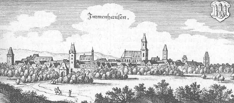 This is a scan of the historical document:
Title:  Immenhausen - Topographia Hassiae
language: german