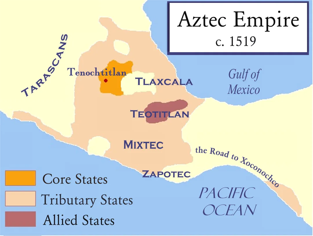 This map represents the core states, the tributary states, and the allies of the Aztec Empire as it stood shortly before the Spanish conquest of Mexico.  The borders should be considered very approximate.