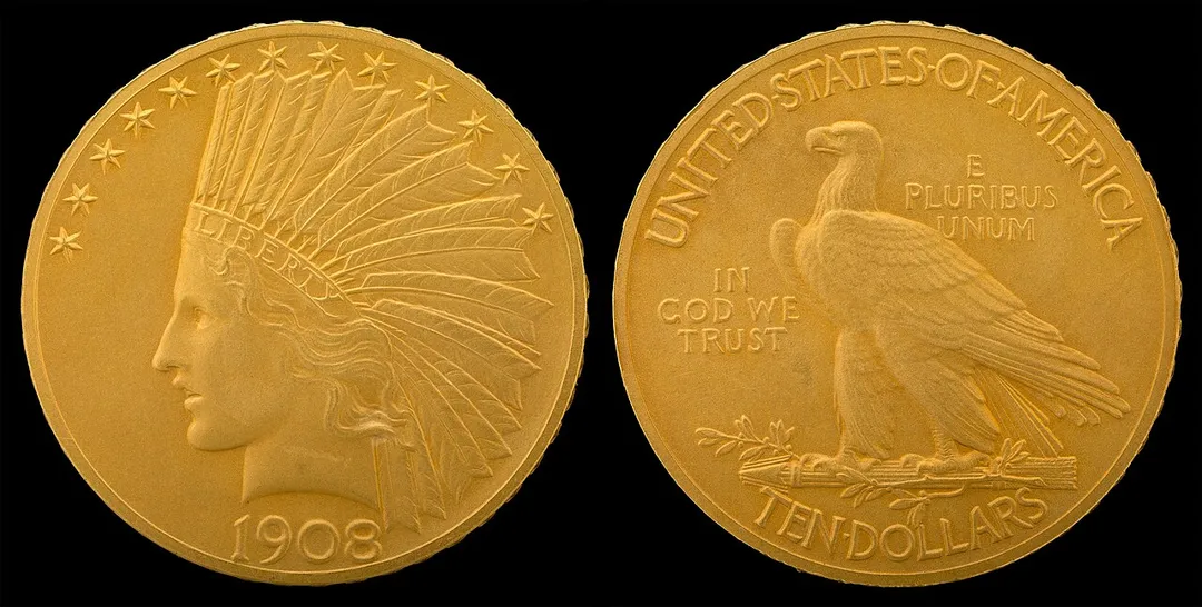 1908 G$10 Indian Head (motto)Gold (fineness 0.9000), 27mm, 16.718g, designed by Augustus Saint-GaudensJN2015-6760-61