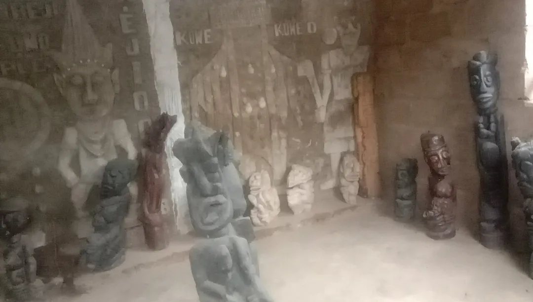 Carvings at Ejiogbe Cultural Centre. This is a selected room at the Ejiogbe-Ibile Stone Carvins Gallery, Ejiogbe Cultural Centre, Inisa, Osun State, Nigeria, where wood and stone works are stored.