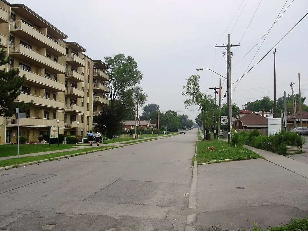 Looking north up Ionview Road from its intersection with Eglinton Avenue East in the neighbourhood of Ionview, in Scarborough, Canada.