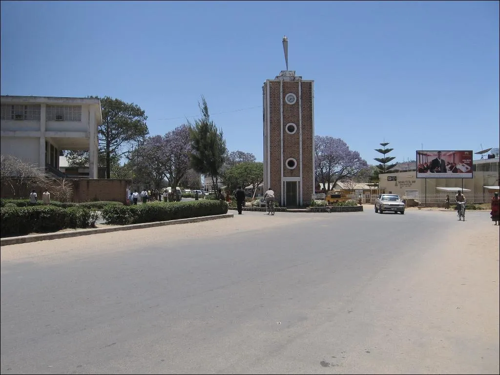Main road with the clock tower in Iringa city, Tanzania