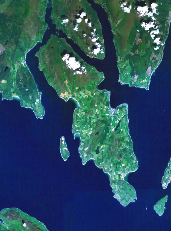 Landsat image of en:Isle of Bute in Scotland. Made with NASA's World Wind.