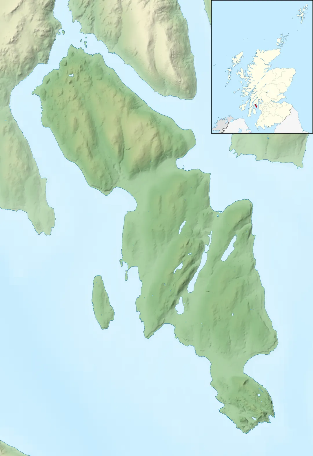 A topographic map of the Isle of Bute
Equirectangular map projection on WGS 84 datum, with N/S stretched 170% 
GEOGRAPHIC LIMITS:
WEST: 5.250W
EAST: 4.970W
NORTH: 55.950N

SOUTH: 55.710N