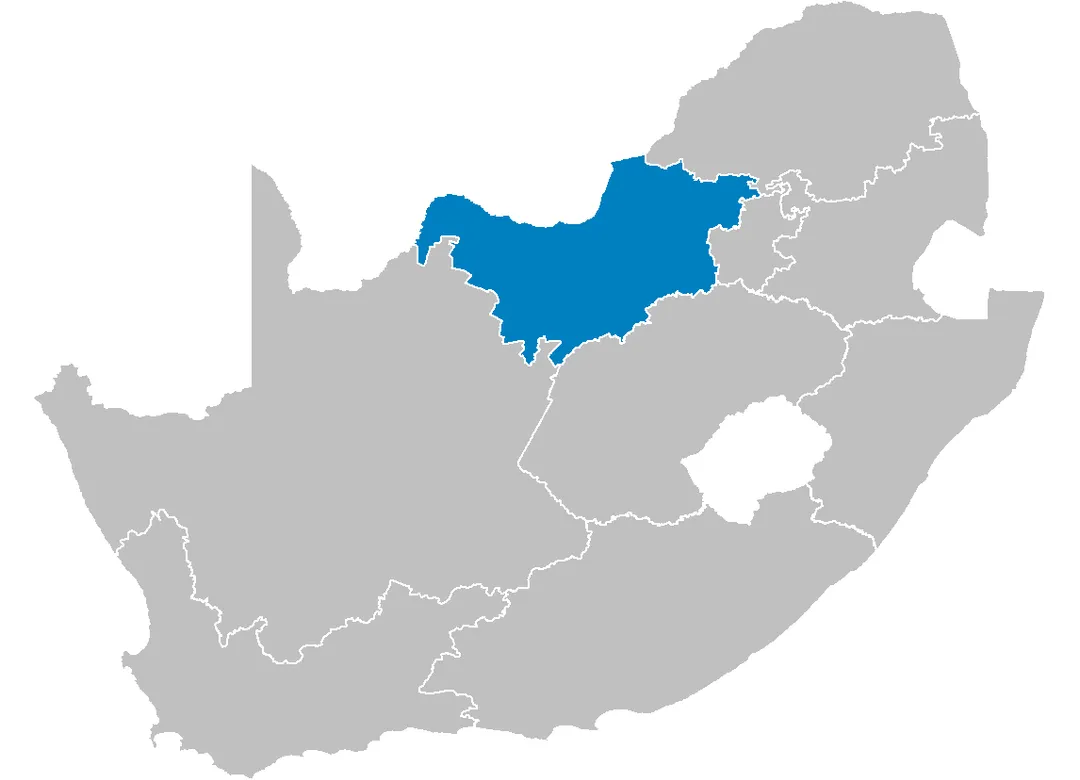 Map of South Africa showing the Nort-West province after the 12th amendment of the constitution in December 2005.