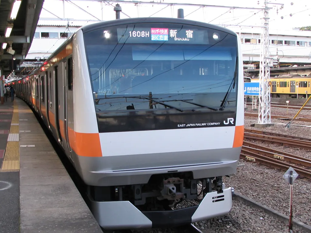 JR East E233 series EMU set H47 on a Chuo Line "Holiday Rapid Okutama" service for Shinjuku at Haijima Station