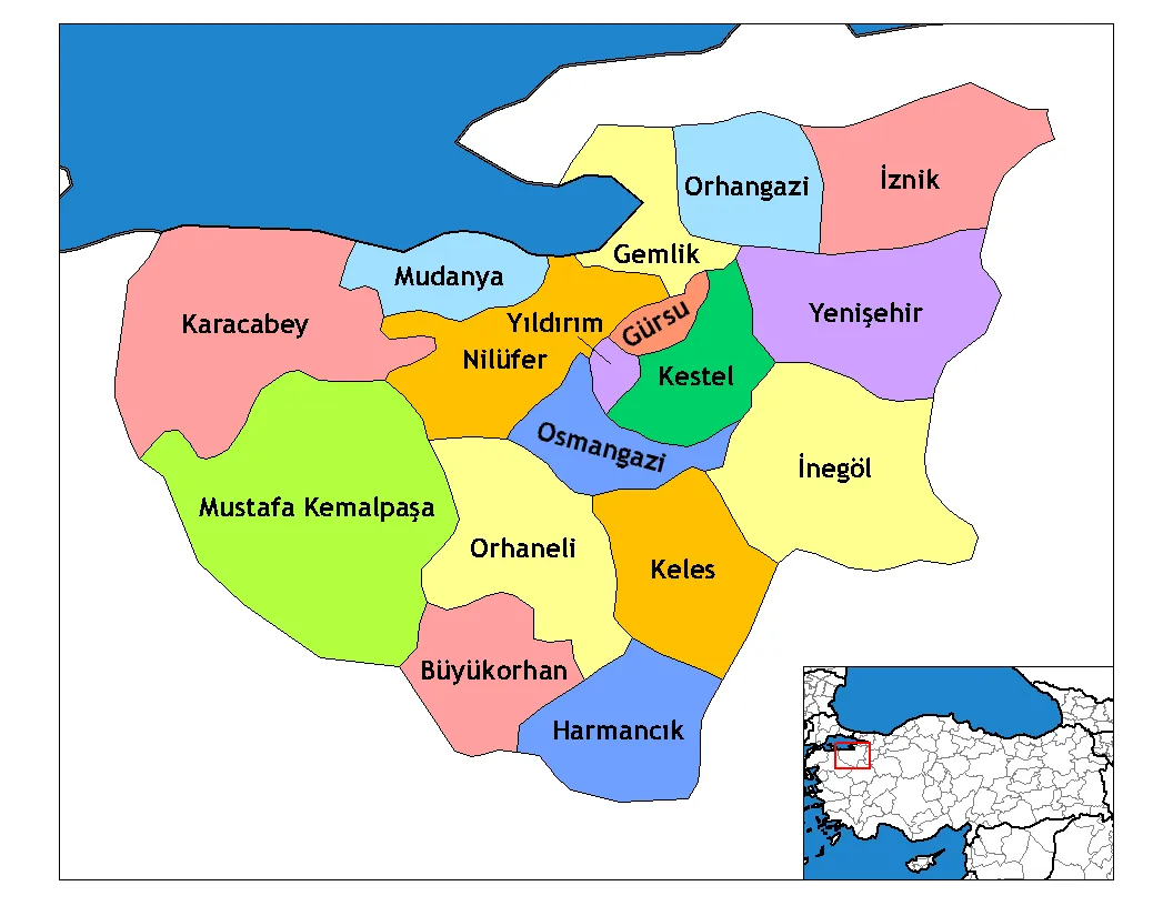 Map of the districts of Bursa province in Turkey. Created by Rarelibra 19:27, 1 December 2006 (UTC) for public domain use, using MapInfo Professional v8.5 and various mapping resources. Edited by One Homo Sapiens Corrected text where İ,Ş,ı,ğ,or ş occurs in name. Source: [statoids-com]. Increased font size and enhanced color differences among adjacent districts.
