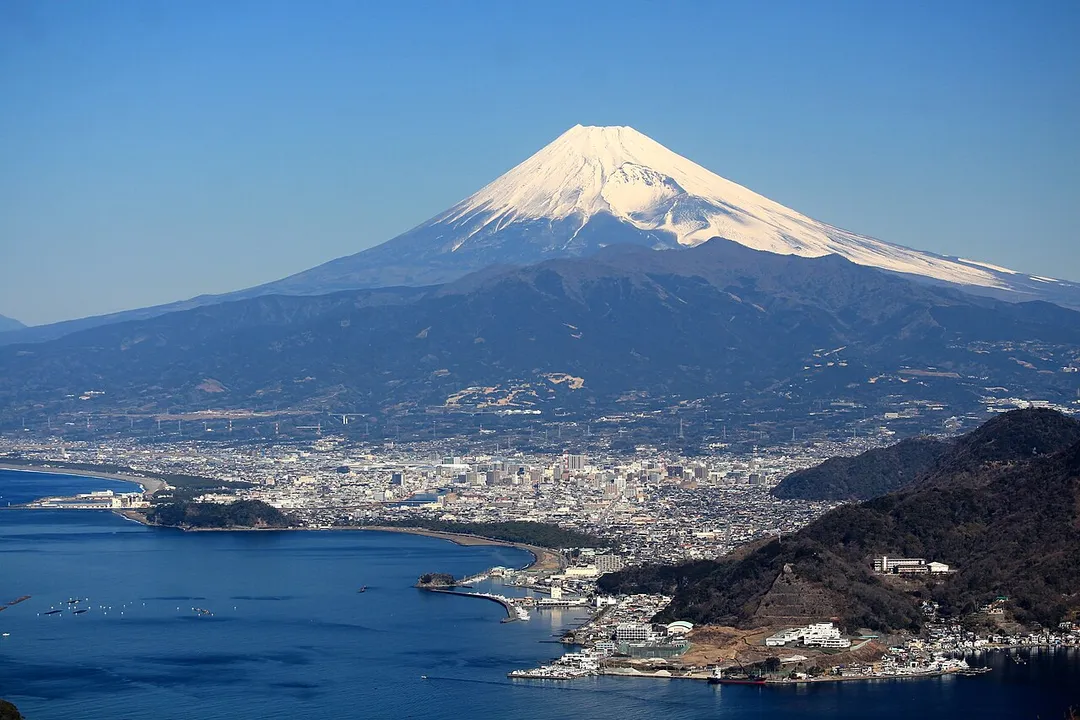 Numazu and Mount Fuji seen from Mount Hottanjō, in Numazu, Shizuoka prefecture, Japan.