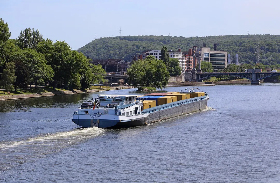 Belgian barge Skyline on the river Meuse in Liège (Belgium)