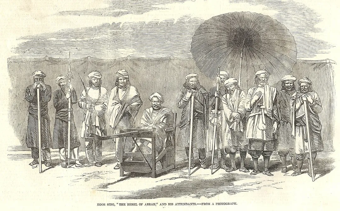 "Kunwar Sing, 'The Rebel of Arrah,' and his attendants--from a photograph," from the Illustrated London News, Oct. 1857;