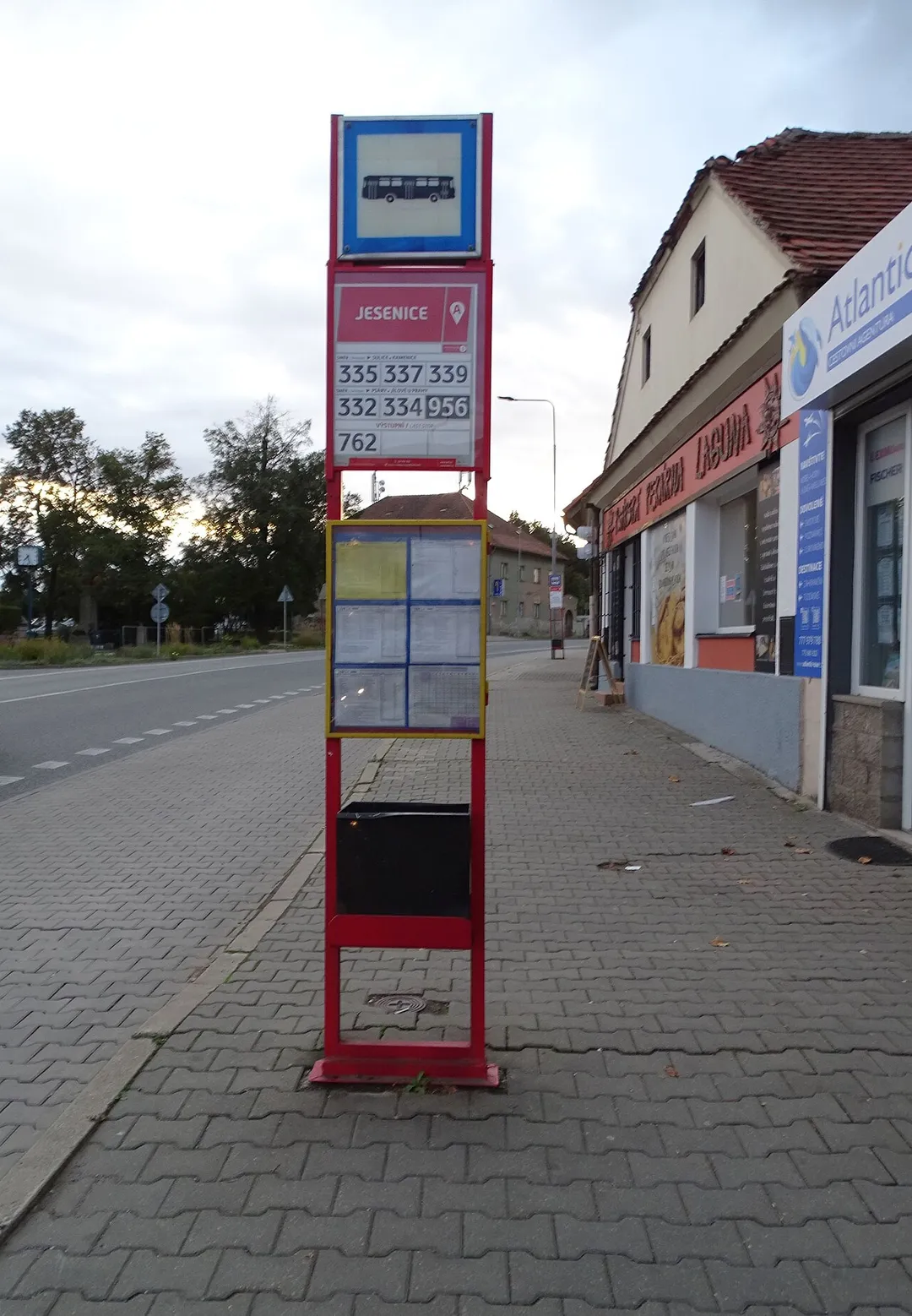 Jesenice, Prague-West District, Central Bohemian Region, Czechia. Budějovická street, bus stop Jesenice A.