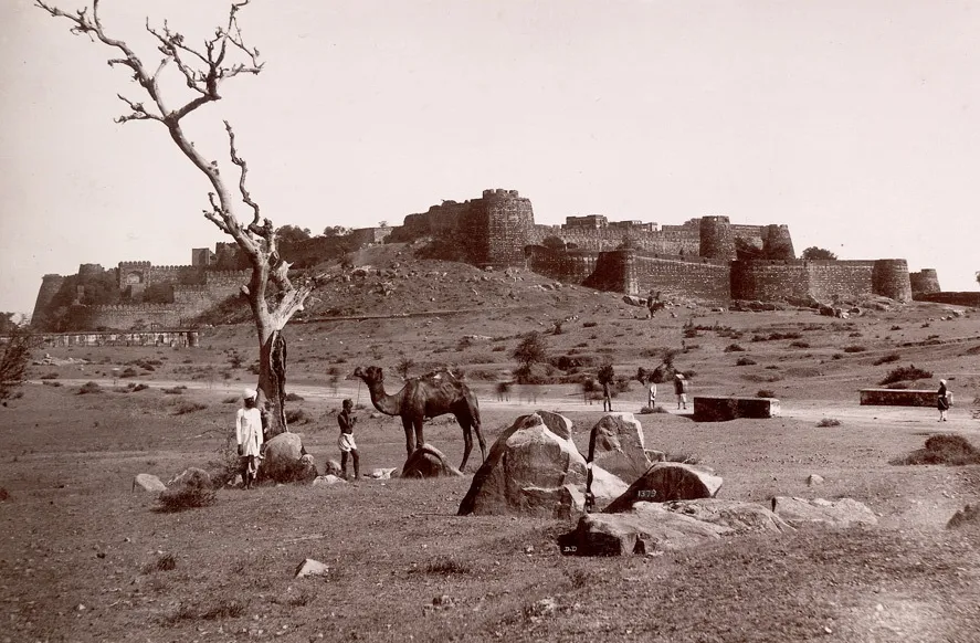 Photograph of Jhansi Fort taken in 1882 by Lala Deen Dayal, from the Lee-Warner Collection: 'Scenes and Sculptures of Central India, Photographed by Lala Deen Diyal, Indore.' The East India Company assumed control of the fort after the death of Raja Gangadhar Rao in 1853. In 1857, the fort was taken over by rebel forces.  Although the Rani of Jhansi, Lakshmi Bai, who had been disposed, was not successful in controlling of the fort, she nonetheless defended it against British recapture, which eventually took place in 1858.