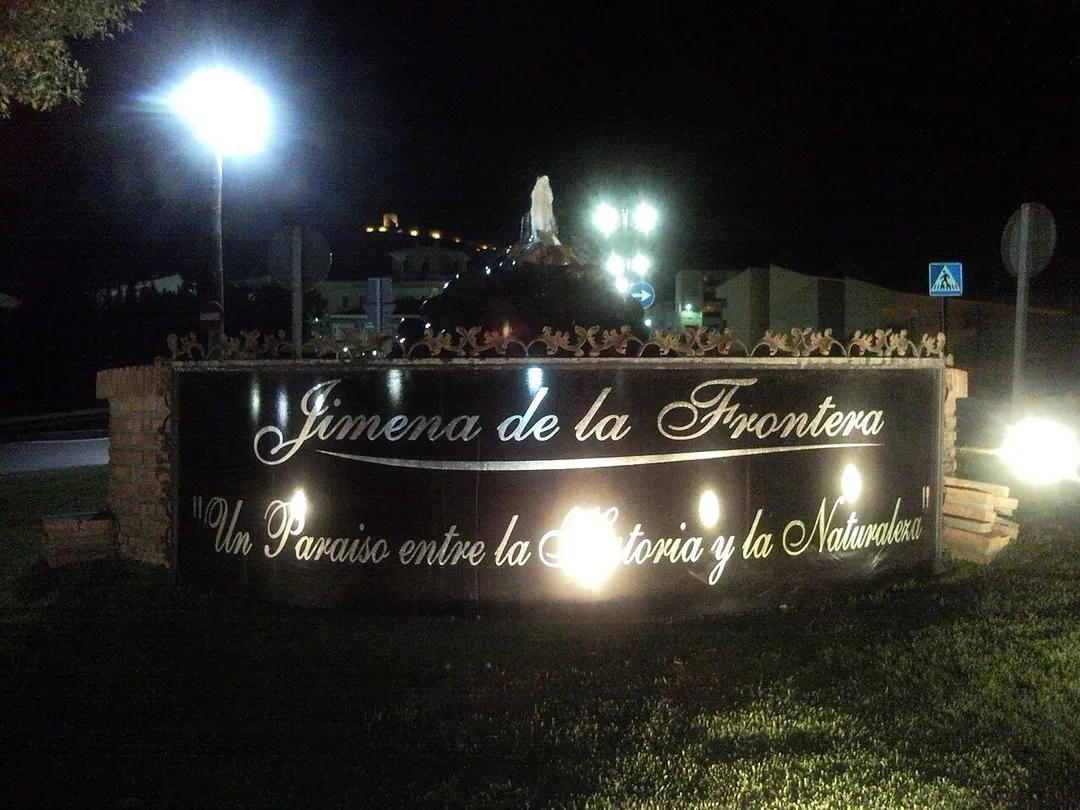 Jimena De La Frontera, Cadiz, Spain. Village in foreground, Castle lit up in background.