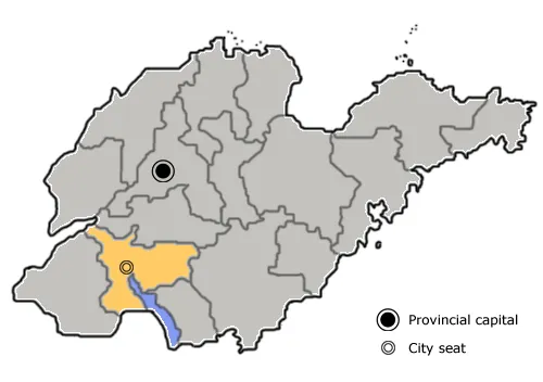 The prefecture-level city of Jining is highlighted on this map of Shandong province, People's Republic of China.