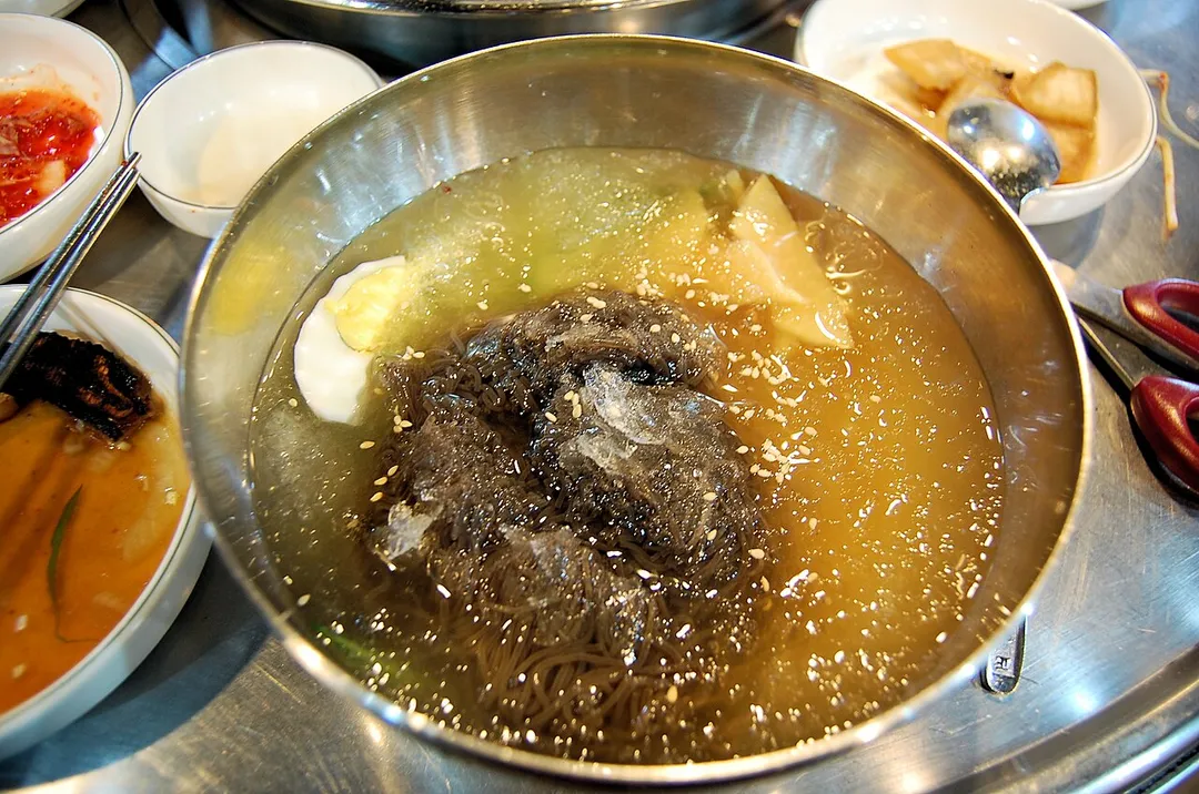 Cold noodle soup bowl.
This is actually traditional Korean treat after the fried meat meal.

The soup was really cold with pieces of snow floating in it. I was a bit suspicious of the taste of it. However, it was actually quite good.