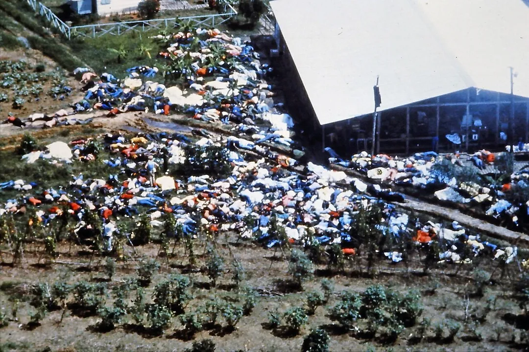 Bodies present following the November 1978 incident in Jonestown, Guyana. Members of the response team are seen standing near the bodies in the image.