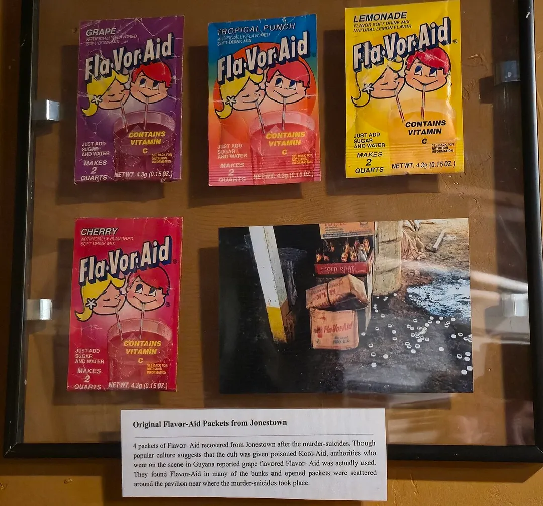 Flavor-Aid packets recovered from Jonestown after the murder-suicides, on display at the Graveface Museum in Savannah, GA