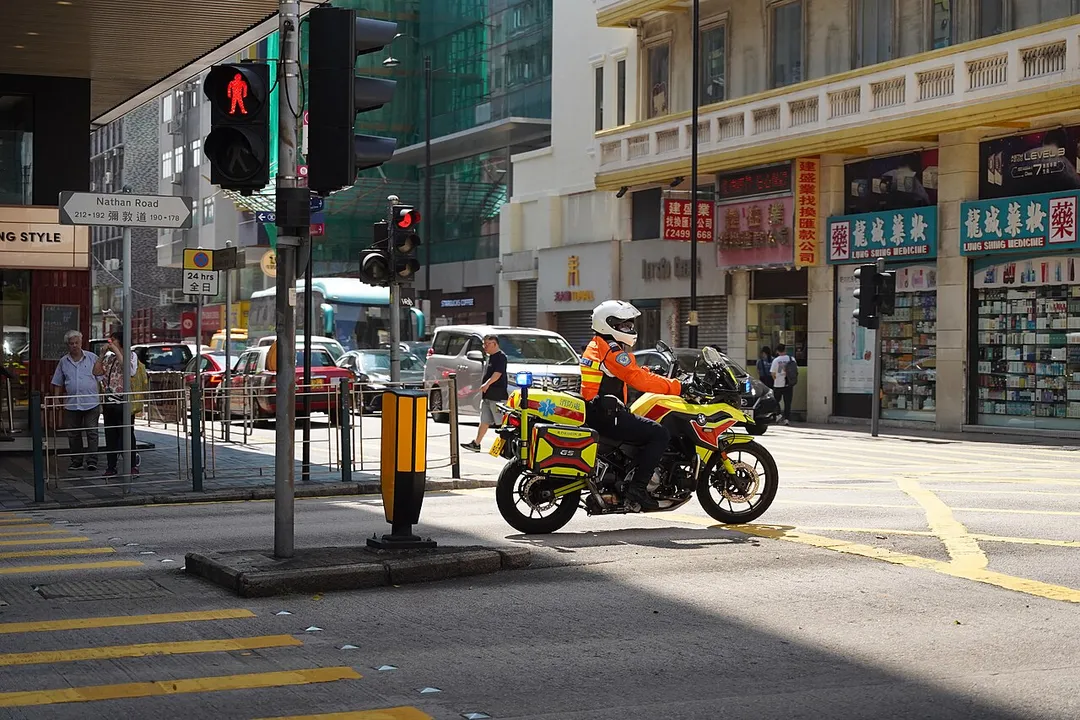 Motorcycle paramedic on Nathan Road in Jordan, Hong Kong.