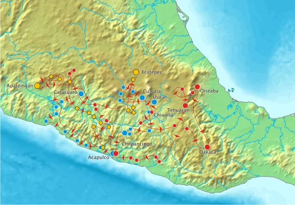 Ruta de la campaña de Morelos (1811-1815), correspondiente a la segunda fase de la Guerra de Independencia de México