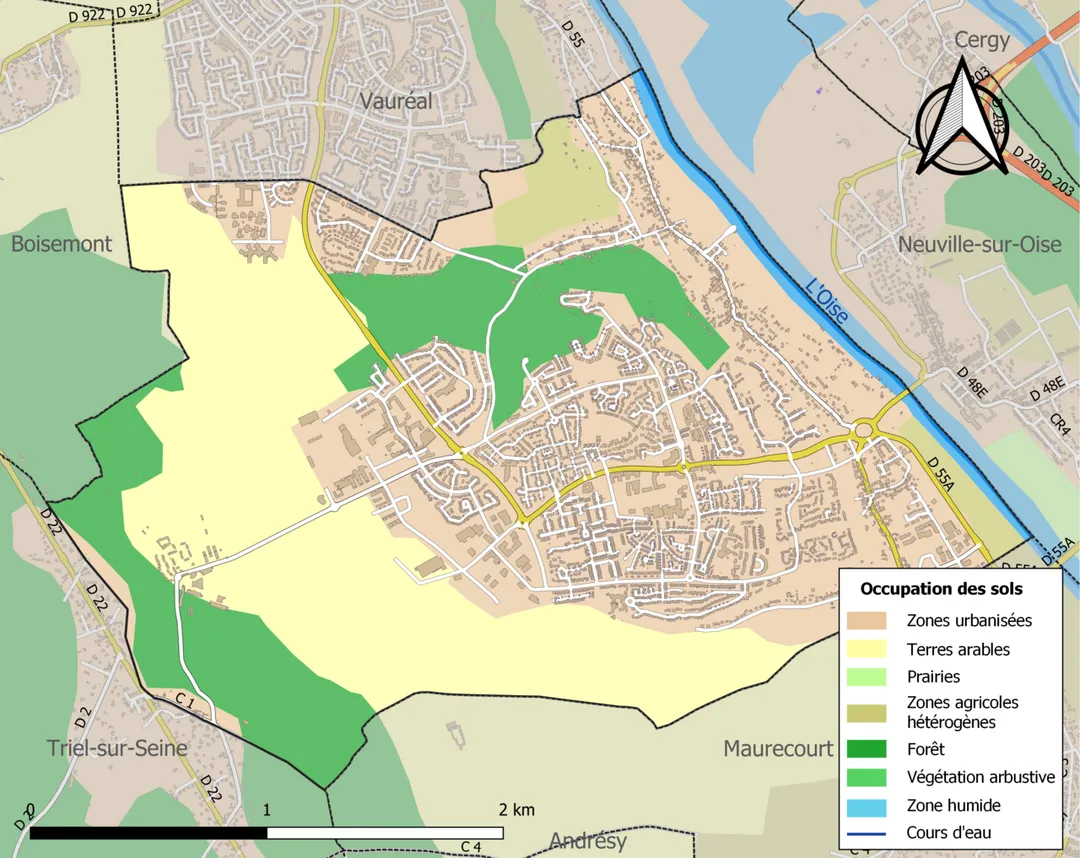 Carte des infrastructures et de l’occupation des sols en 2018 de la commune de fr:Jouy-le-Moutier (France).