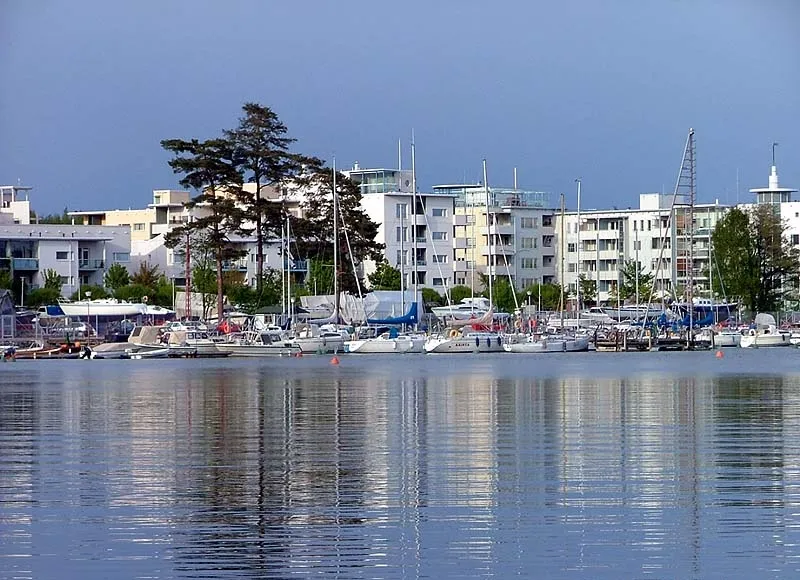 Apartment buildings and a small boat harbour in Kallahti in the district of Vuosaari, Helsinki, Finland. Photographed by Jonik in May, 2004.