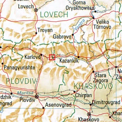 location of Kalofer in Bulgaria; part of the map Bulgaria_1994_CIA_map.jpg