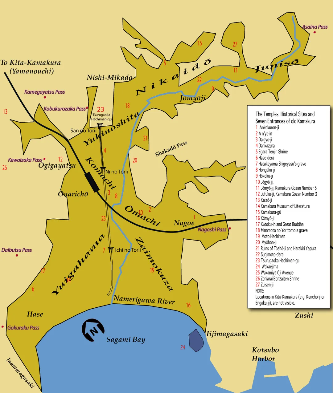 A map of Kamakura, with indications for temples, shrines, the Seven Entrances and historical sites