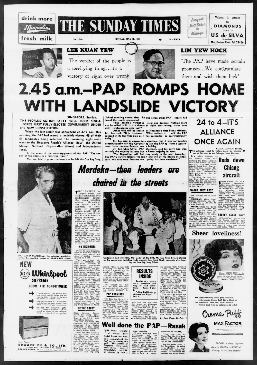 The headline on page 1 of The Straits Times newspaper on 31 May 1959