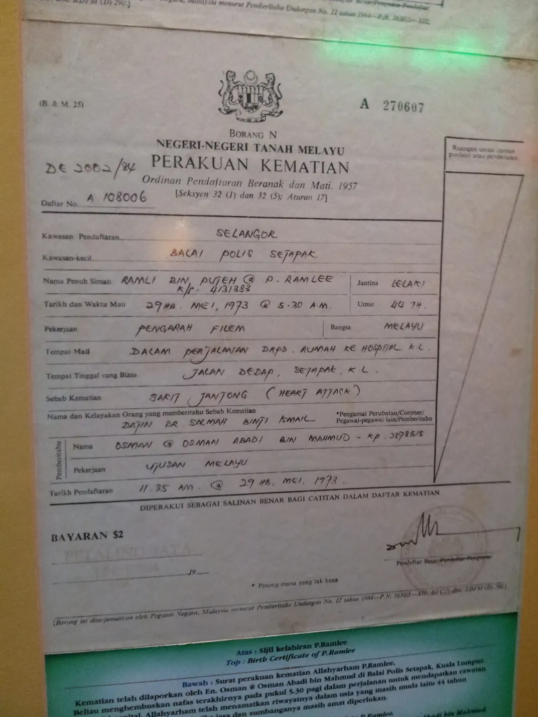 P. Ramlee's Death Certificate
