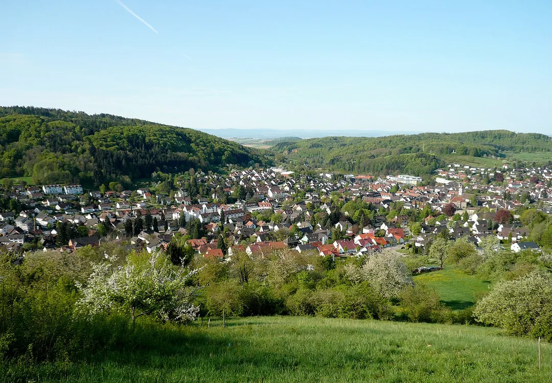 Town of Kandern, seen from the hilltop of the Häßler. The hill in the background right is the Böscherzen, topped by the war memorial.