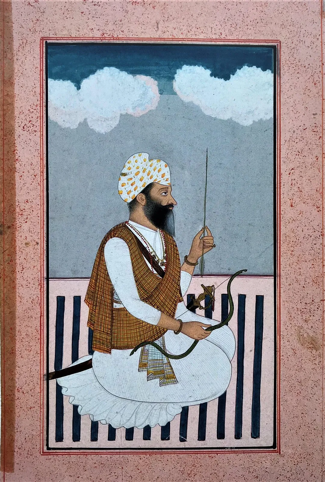 Miniature painting of Sardar Bhag Singh Ahluwalia (alt. spelt as 'Bagh Singh Ahluwalia'), cousin and heir of ‘Sultan-Ul-Quam’ Jassa Singh Ahluwalia. Pahari Sikh from workshop of Purkhu of Kangra c.1785. Government Museum and Art Gallery. Chandigarh (Goswamy &amp; Smith 2006).
