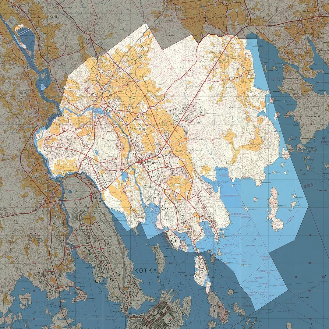 Karhulan kauppalan alue vuosien 1967 ja 1968 yleiskartoissa.