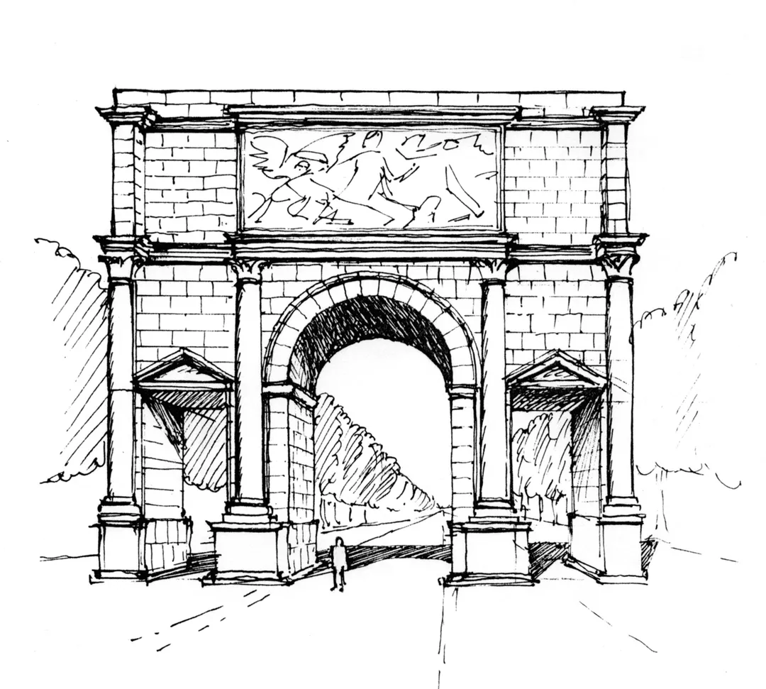 Roman triumphal arch at Mainz-Kastel, Germany. Reconstruction based on proven findings of excavations. This sketch follows an isometric drawing of the "Museum Römischer Ehrenbogen". The image has been drawn up with the aid of a photo from the very similar looking triumphal arch at Orange, France.